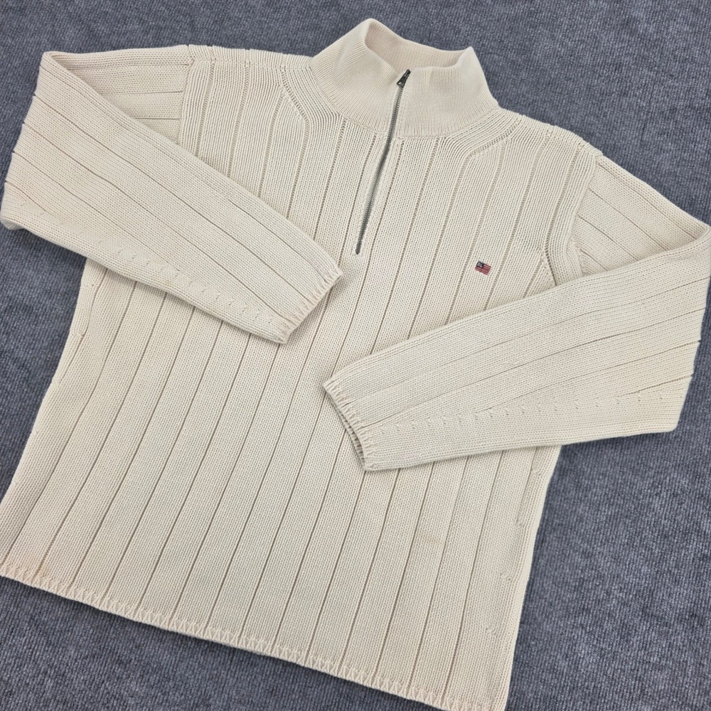 Polo Ralph Lauren Cream Ribbed Quarter Zip Sweater RL Flag Logo Mens Large